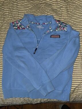 Girls Vineyard Vines Sky Blue Quarter-Zip Pullover with Multicolor Trim
